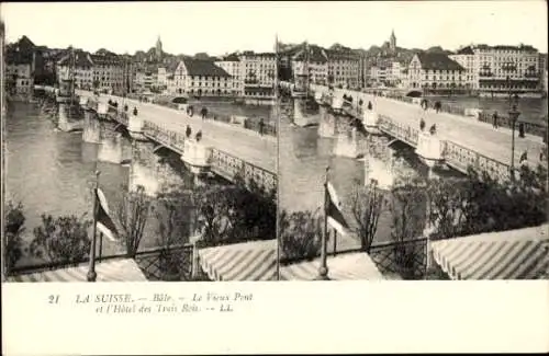 Stereo Ak Basel Stadt Schweiz, alte Brücke, Hotel des Trois Rois