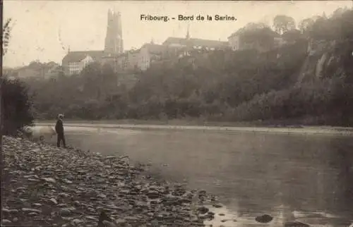 Ak Freiburg Freiburg Stadt Schweiz, Bord de la Sarine