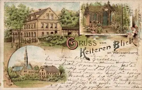 Litho Weißenborn Zwickau in Sachsen, Gasthaus Zum Heiteren Blick, Kirche