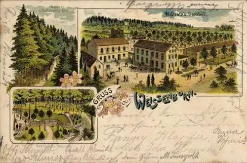 Litho Weißenborn Zwickau in Sachsen, Wallraths Gasthof, Waldweg nach Bellmanns Brunnen