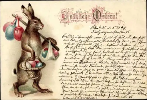 Litho Glückwunsch Ostern, Osterhase, Korb mit Ostereiern