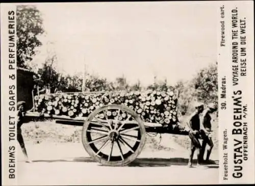 Foto Chennai Madras Indien, Feuerholz Wagen, Reklame Boehm's Toilet Soap