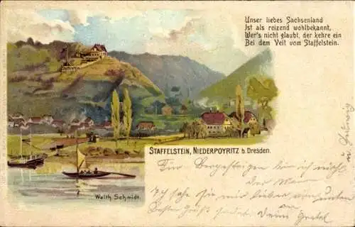 Künstler Litho Schmidt, Walth., Dresden Niederpoyritz, Staffelstein, Segelschiff, Gedicht