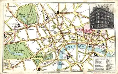 Stadtplan Ak London City England, Armfield's-Hotel, Themse, Regents-Park