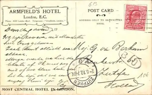 Stadtplan Ak London City England, Armfield's-Hotel, Themse, Regents-Park
