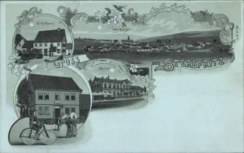 Mondschein Litho Sterbfritz Sinntal in Hessen, Gesamtansicht, Bahnhof, Schulhaus