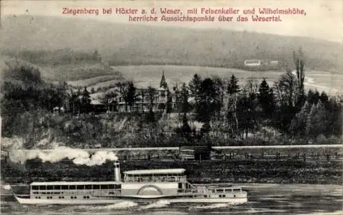 Ak Höxter an der Weser, Ziegenberg, Felsenkeller, Wilhelmshöhe, Dampfer