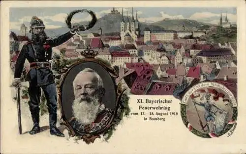 Ganzsachen Ak Bamberg in Oberfranken, XI. Bayerischer Feuerwehrtag 1910, Prinzregent Luitpold