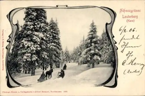 Ak Bad Lauterberg im Harz, Wald, Schlitten, Verschneite Bäume