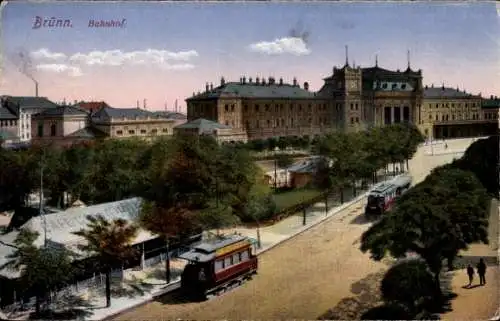 Ak Brno Brünn Südmähren, Bahnhof, Straßenbahn
