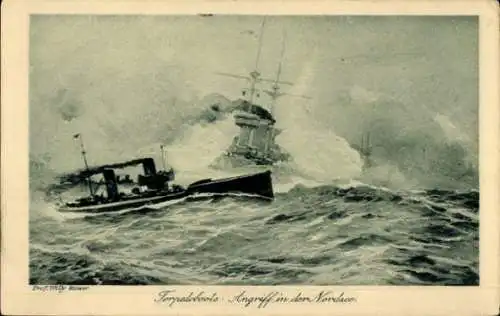 Künstler Ak Stöwer, Willy, Torpediert, Angriff in der Nordsee, Deutsches Kriegsschiff
