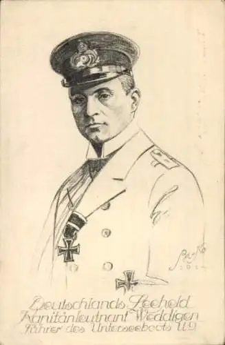Künstler Ak Otto Weddigen, Marineoffizier, Kapitänleutnant, Unterseeboot U 9