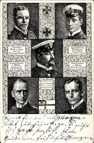 Künstler Ak Vizeadmiral v. Spee, Kapitänleutnant Weddigen, Fregattenkapitän v. Müller, v. Mücke