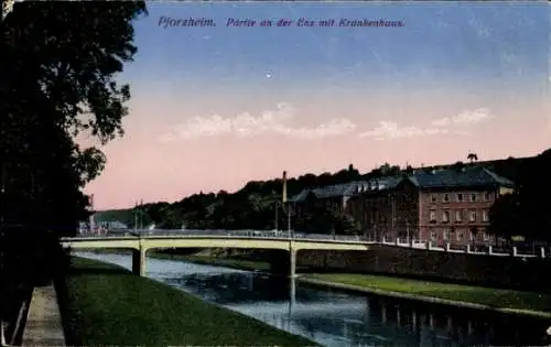 Ak Pforzheim im Schwarzwald, an der Enz, Krankenhaus, Brücke