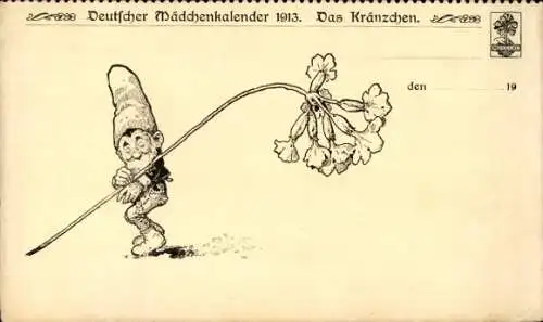 Ak Deutscher Mädchenkalender 1913, Das Kränzchen, Zwerg mit Blume