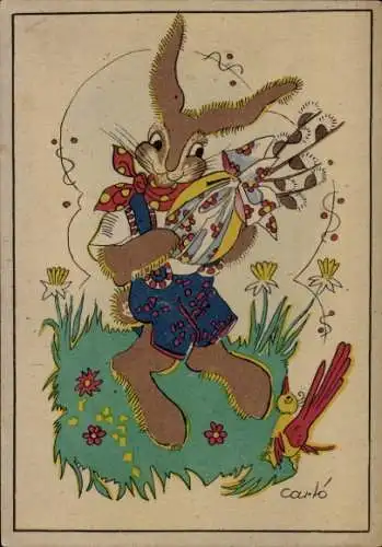 Künstler Ak Glückwunsch Ostern, Vermenschlichter Hase, Osterei