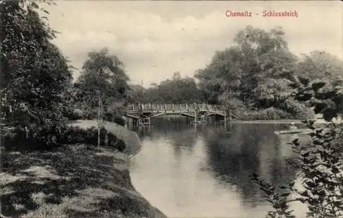 Ak Chemnitz in Sachsen, Schlossteich, Brücke, Boot