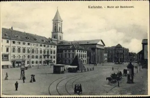 Ak Karlsruhe in Baden, Markt, Bezirksamt, Pyramide