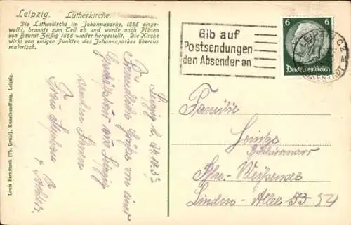 Ak Leipzig in Sachsen, Lutherkirche, Johannapark