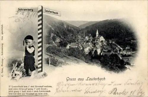 Ak Lauterbach im Schwarzwald, Wegweiser Schramberg, Kind, Mütze, Ortsansicht