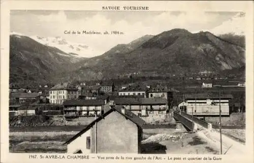 Ak St Avre La Chambre Savoie, Vue prise de la rive gauche de l'Arc, Pont, Quartier de la Gare