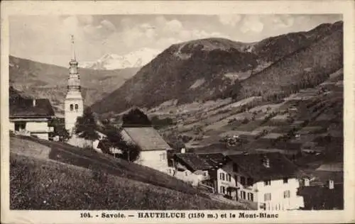 Ak Hauteluce Savoie, Teilansicht, Turm, Gebirge