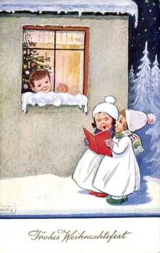 Künstler Ak Wills, John, Frohe Weihnachten, Singende Kinder, Tannenbaum