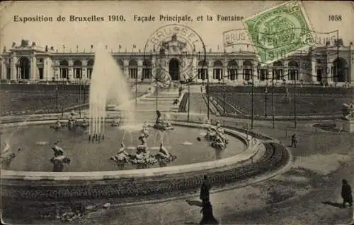 Ak Brüssel Brüssel, Ausstellung 1910, Hauptfassade, Brunnen