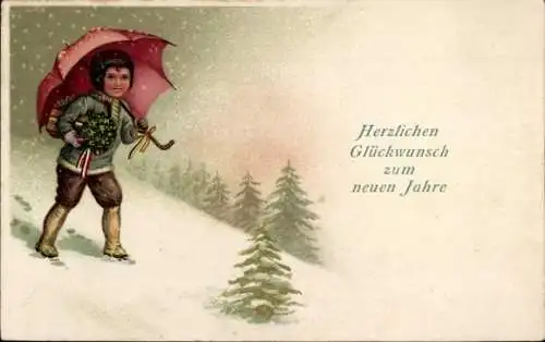 Ak Fröhliches Neujahr, Kind mit Schirm im Schneefall