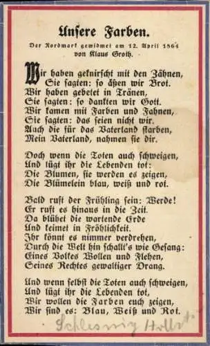 Gedicht Ak Unsere Farben, Nordmark gewidmet 1864, Klaus Groth