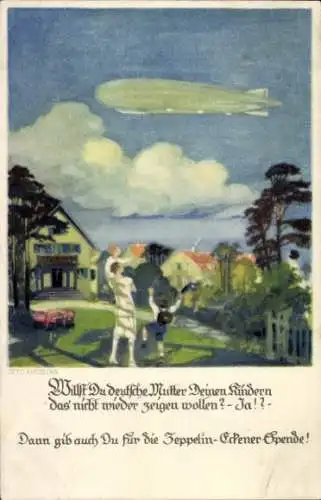 Künstler Ak Amtsberg, Otto, Deutsche Mutter zeigt Kindern Luftschiff, Zeppelin Eckener Spende