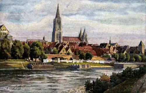 Künstler Ak Marschall, V., Ulm an der Donau, Blick über den Fluss zur Stadt