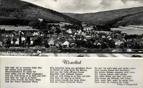 Ak Veckerhagen Reinhardshagen an der Weser Hessen, Gesamtansicht, Weserlied