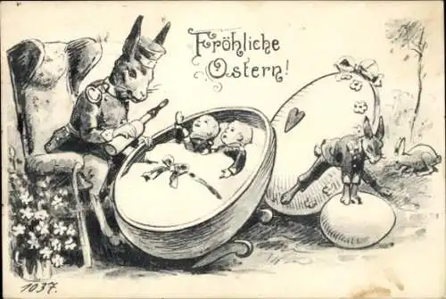 Ak Glückwunsch Ostern, Osterhase in Uniform, Babys, Ostereier