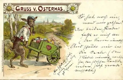 Künstler Litho Koch, Glückwunsch Ostern, Rauchender Osterhase, Schubkarre, Ostereier