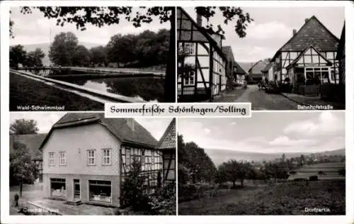 Ak Schönhagen im Solling, Waldschwimmbad, Geschäftshaus, Bahnhofstraße, Gesamtansicht