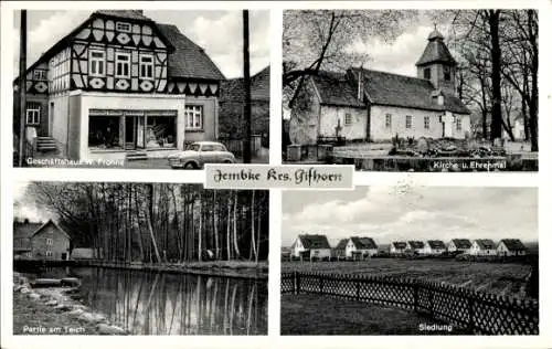 Ak Jembke in Niedersachsen, Kirche und Ehrenmal, Teich, Siedlung, Geschäftshaus W. Frohne