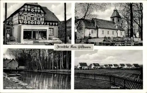 Ak Jembke in Niedersachsen, Kirche und Ehrenmal, Teich, Siedlung, Geschäftshaus W. Frohne