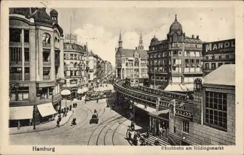 Ak Hamburg, Hochbahn am Rödingsmarkt, Lotterie Bank, Straßenbahn