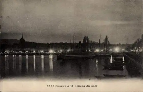 Ak Geneve Schweiz, a 11 heures du soir, Blick auf Stadt bei Nacht