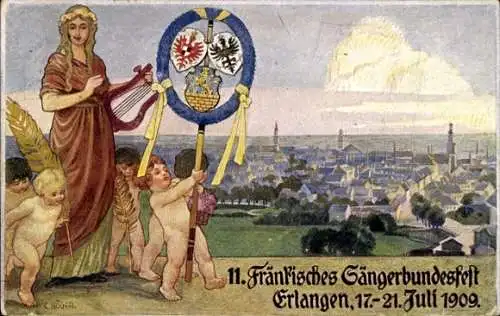 Ganzsachen Künstler Ak Erlangen in Mittelfranken Bayern, 11. Fränkisches Sängerbundesfest 1909