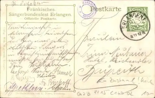 Ganzsachen Künstler Ak Erlangen in Mittelfranken Bayern, 11. Fränkisches Sängerbundesfest 1909