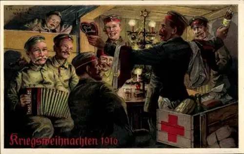 Künstler Litho Kuczera, F., Kriegsweihnachten 1916, Deutsche Soldaten, Liebesgaben, Lebkuchen