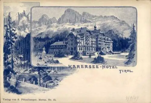 Passepartout Litho Lago di Carezza Karersee Südtirol, Karersee-Hotel