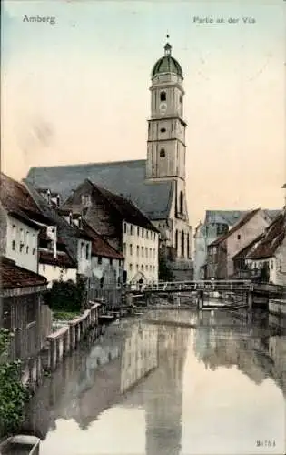 Ak Amberg an der Vils Oberpfalz Bayern, Wohnhäuser an der Vils, Kirche