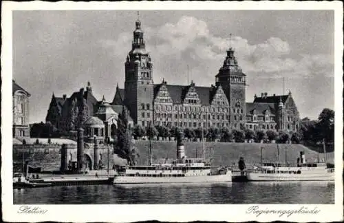 Ak Stettin Pommern, Regierungsgebäude, Dampfer