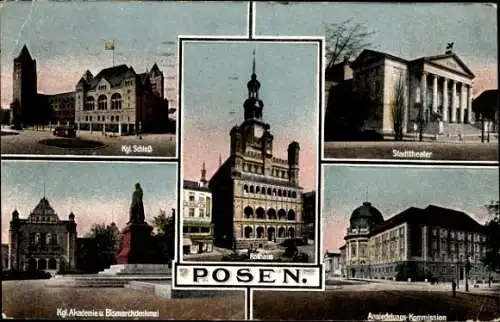 Ak Poznań Posen, Königliches Schloss, Stadttheater, Rathaus, Kgl. Akademie, Bismarckdenkmal