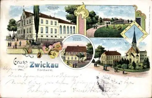 Litho Zwickau Nordwest, Johanniskirche, Pfarrhaus, Veranda, Restaurant