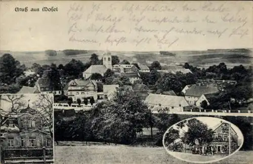 Ak Mosel Zwickau in Sachsen, Gesamtansicht, Kirche, Geschäftshaus, Villa