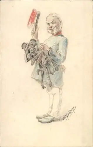 Handgemalt Ak Mann mit Afrikanern in der Hand, Karikatur Kaiser Franz Joseph I. ?